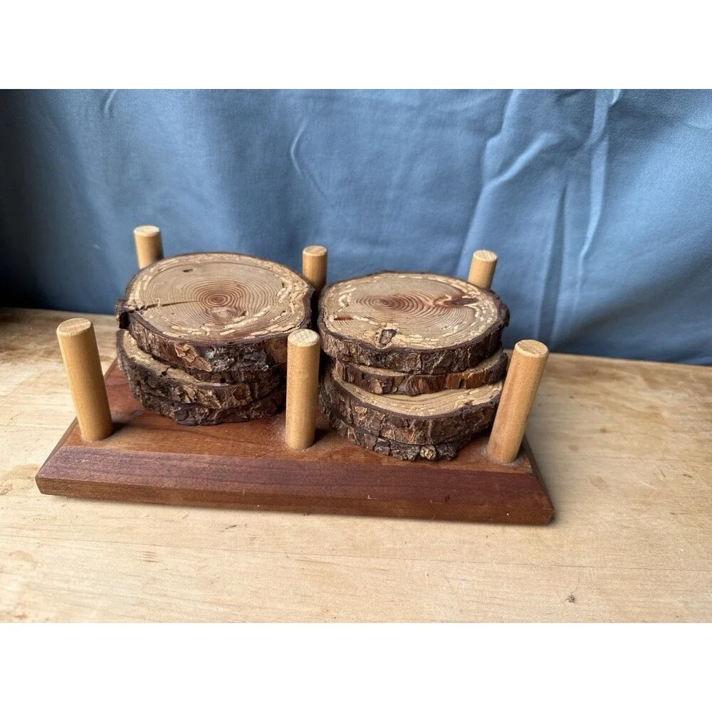 Rustic Natural Log Slice Coaster Set of 8 with Holder Farmhouse Primitive Wood